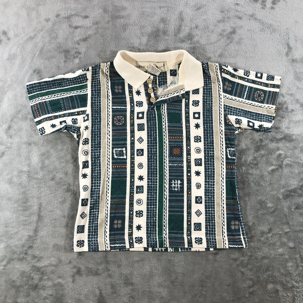 Vintage Basic Elements Polo Shirt Kids 4T Green Geometric Stripe Made USA